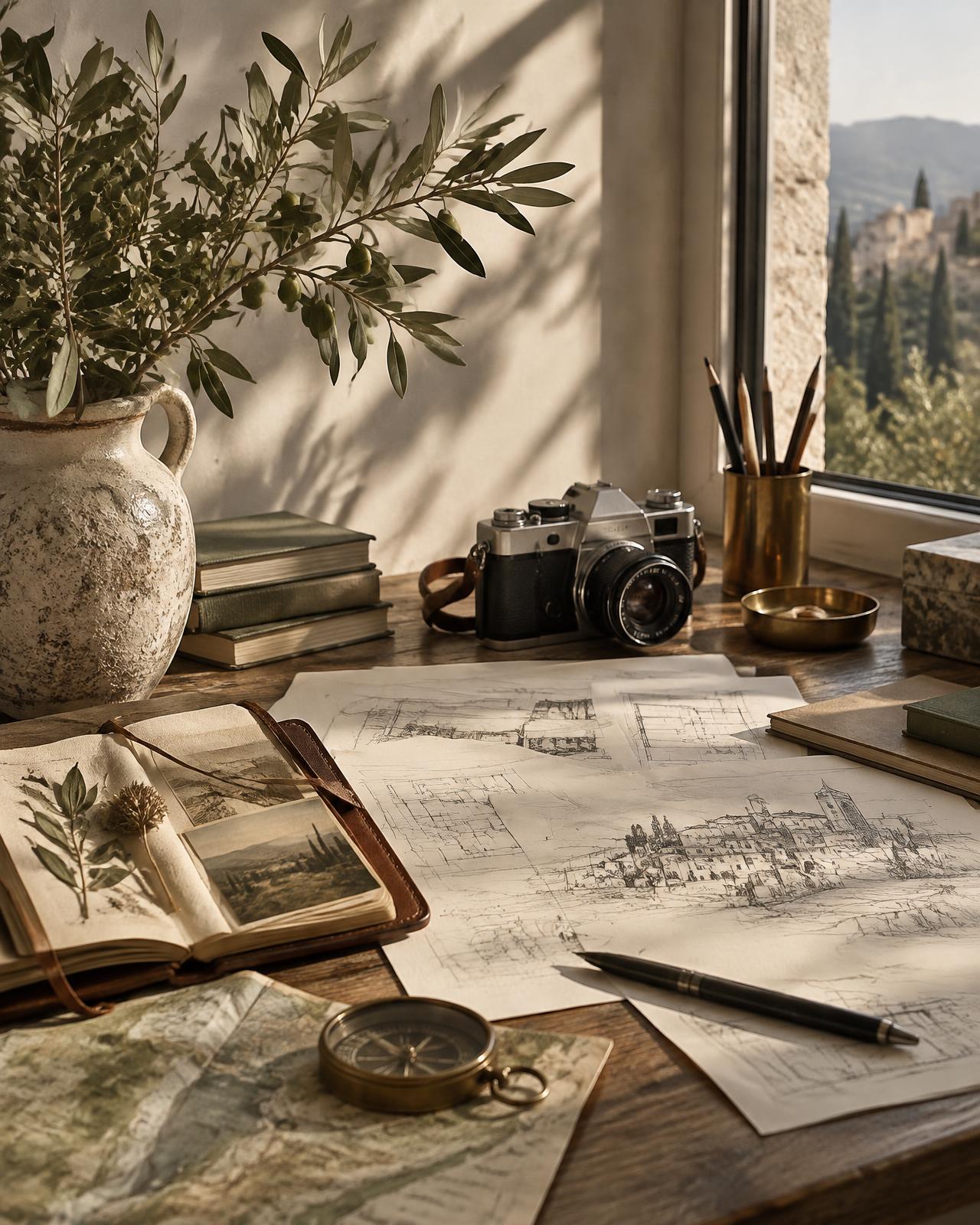 An architect's desk with sketches, a film camera and a travel journal in warm light